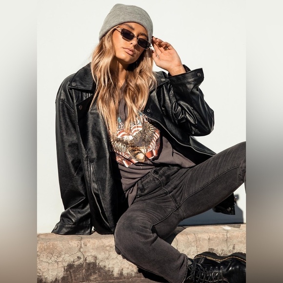 Princess Polly Jackets & Blazers - Princess Polly Next In Line Faux Leather Biker Jacket Black Moto Oversized S/M